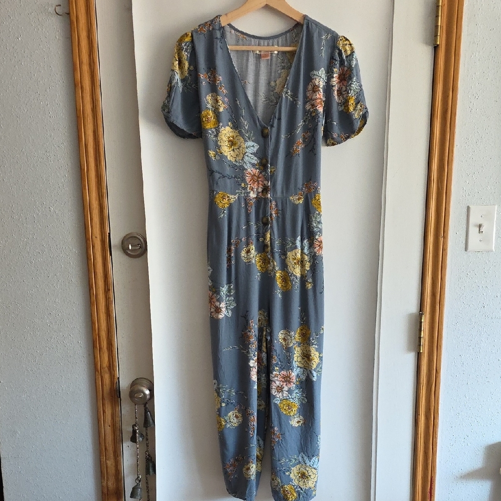 Band Of Gypsies Blue Floral Button Front Romper